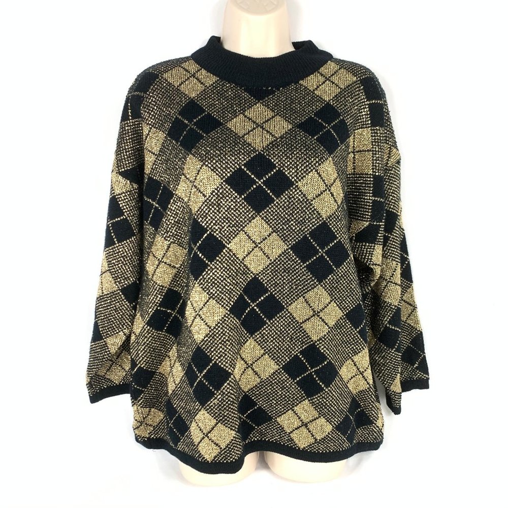 Vintage Holiday Time Christmas Sweater Gold Argyle